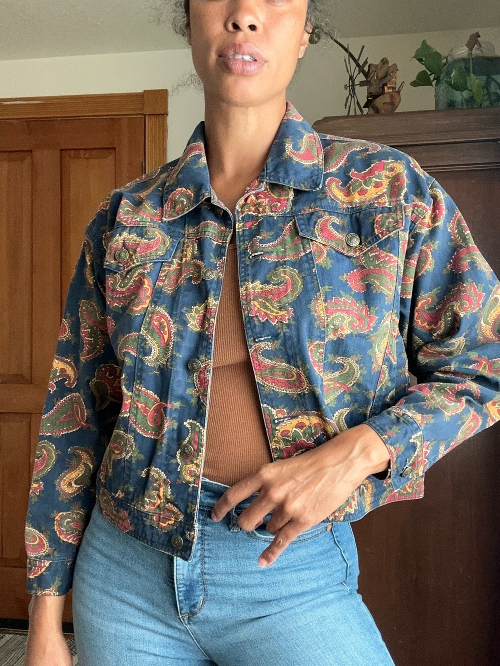 Paisley Denim Jacket in Navy with Red & Gold Accents